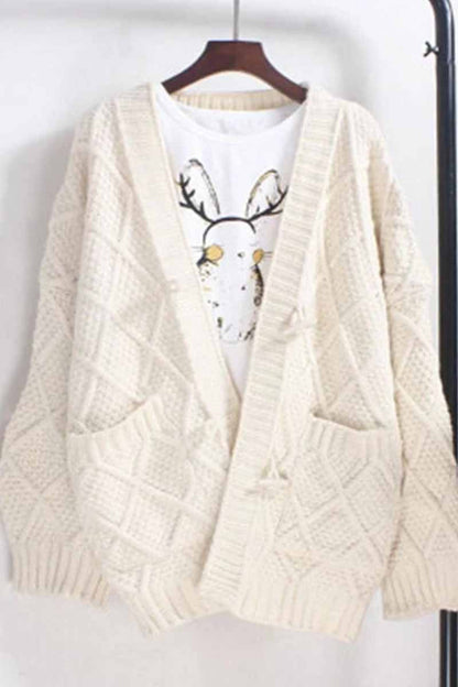 Solid Ribbed Horn Buckle Pockets Cardigan(4 Colors)