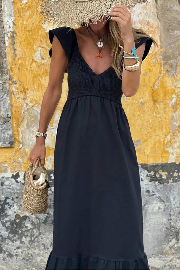 Black V Neck Flutter Sleeve Smocked Bodice High Waist Ruffle Maxi Dress