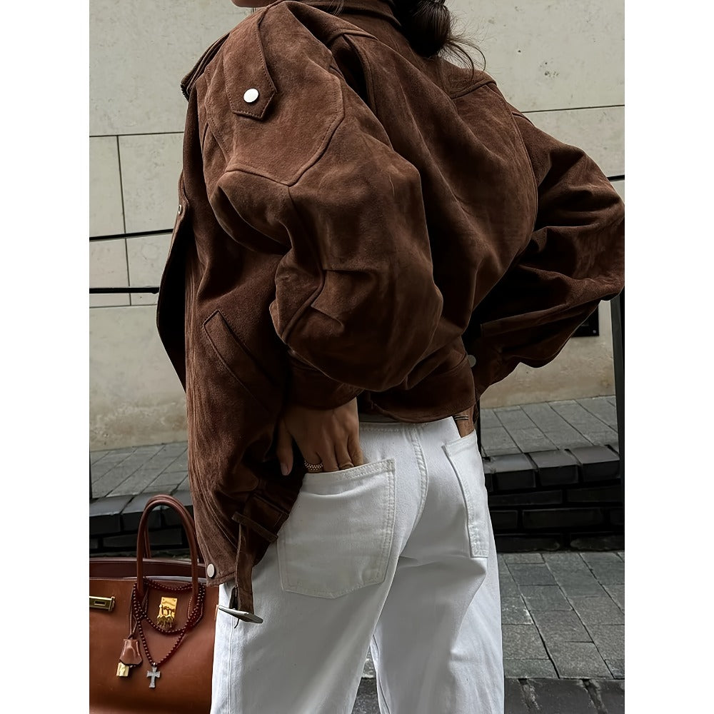 Brown Faux Suede Biker Jacket for Women - Daniela