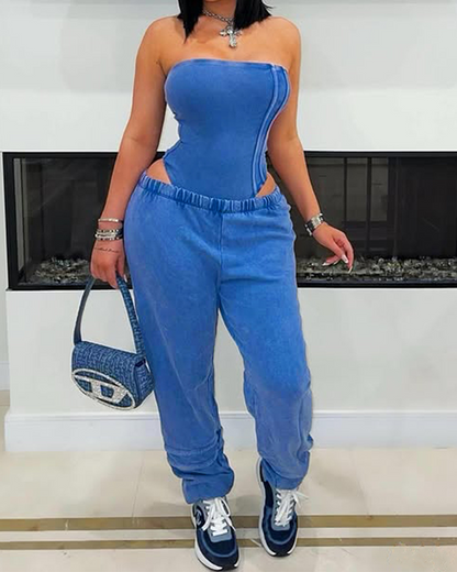 Tubetop Slim-Fit Bodysuit With Loose-Fitting Pants