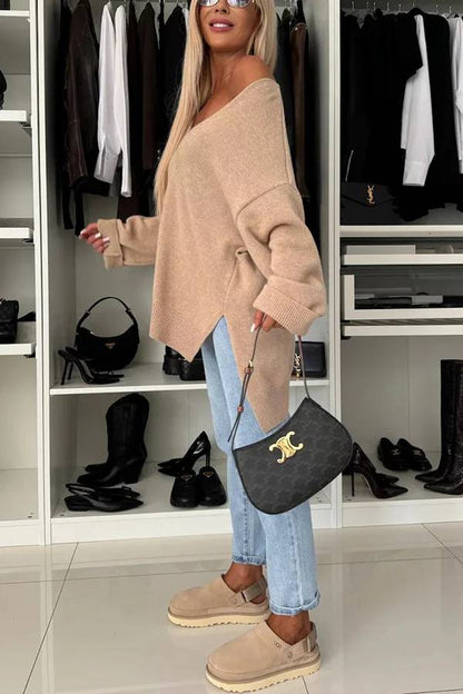 Cold Weather Knit Solid Color Long Sleeve V-neck Irregular Relaxed Sweater