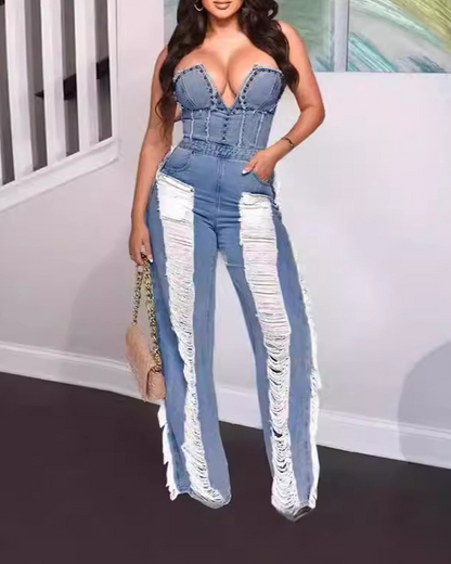 Tassel Hole Stud Denim Jumpsuit