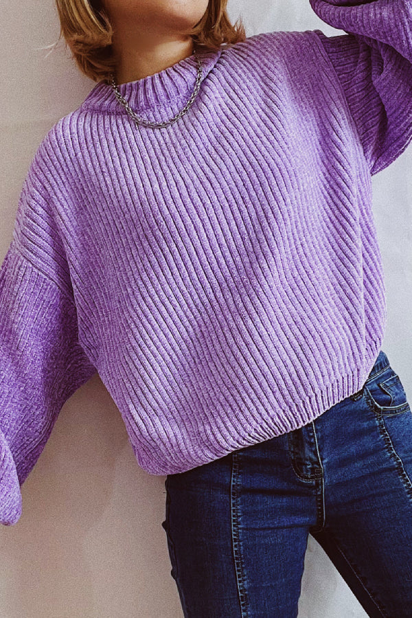 Solid Color Casual Round Neck Lantern Sleeve Short Knitted Sweater