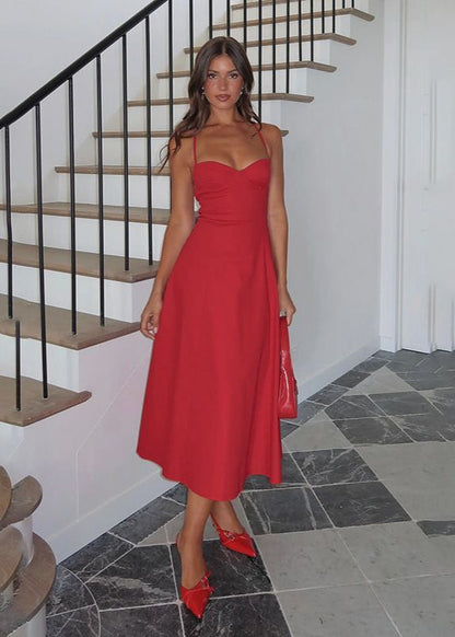 Crimson Lace-Up – Strappy Back Midi Dress with Sweetheart Neckline