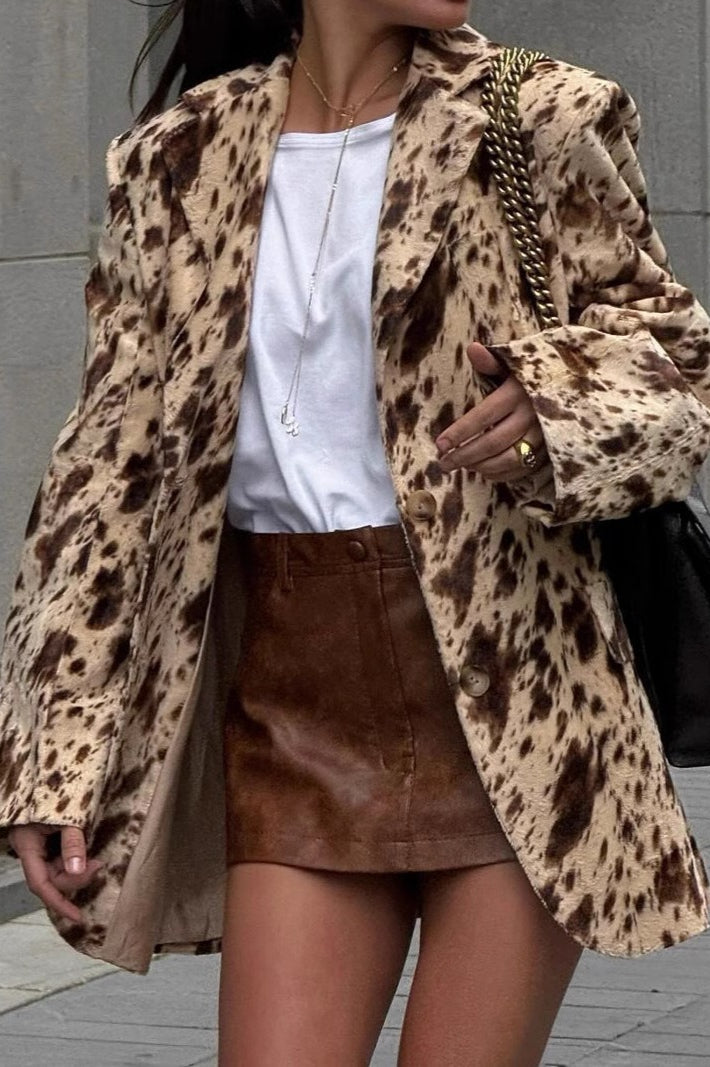 Brown Printed Long Sleeve Blazer Coat