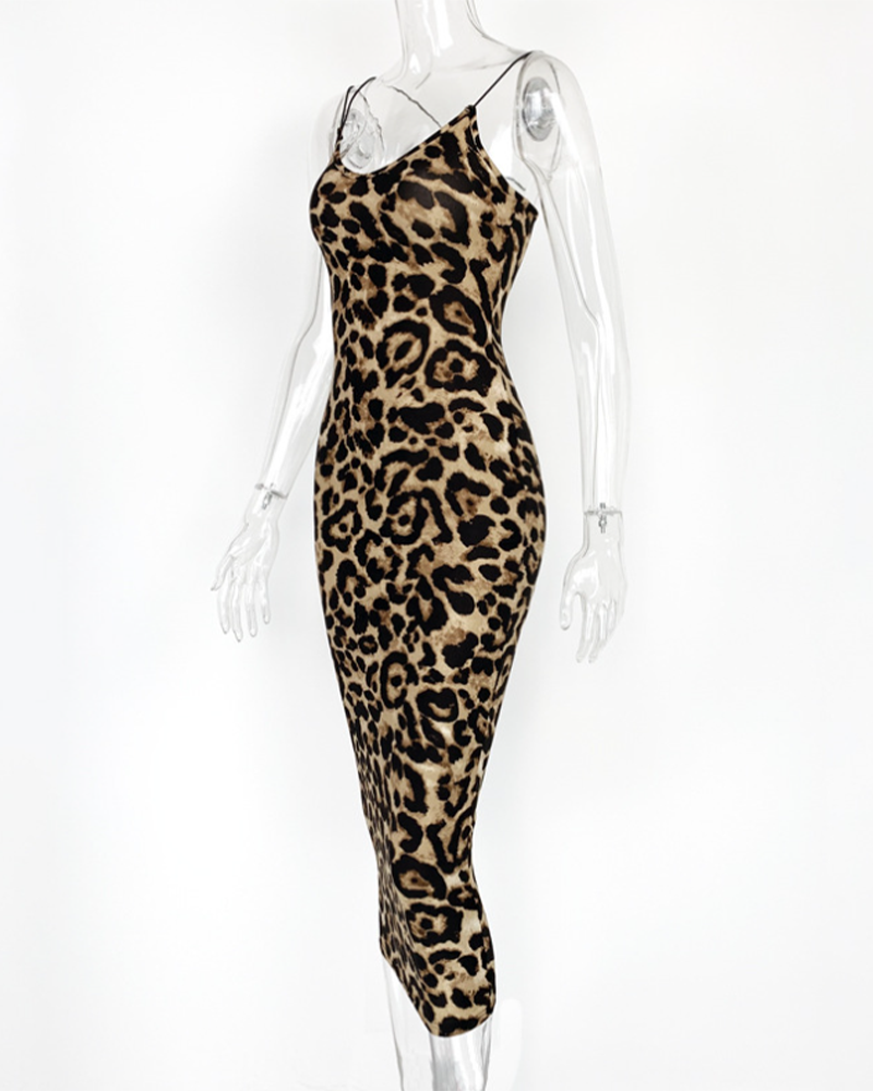 Leopard Print V-Neck Halter Back Maxi Dress