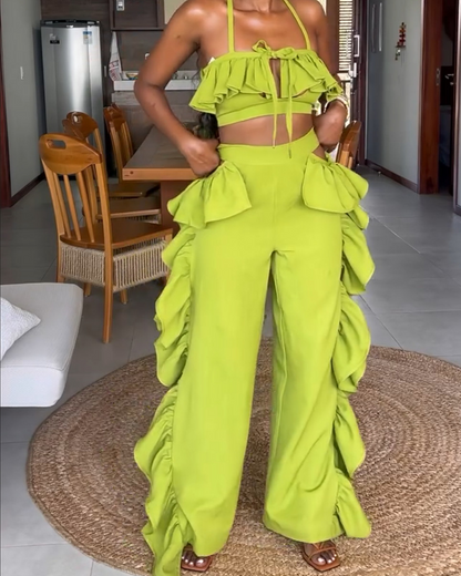 Ruffled High-Waist Wide-Leg Pants Suit