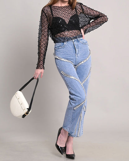 High-Waisted Rhinestone Paneled Straight-Leg Casual Jeans