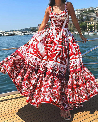 Swing Mid-Length Printed Suspender Dress