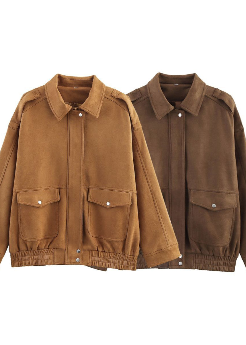 Suede-Effect Oversized Jacket with Front Pockets – Brown