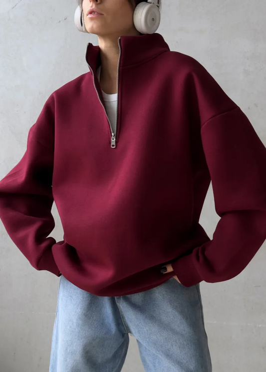Crimson Chill - Oversized Half-Zip Sweatshirt with High Collar