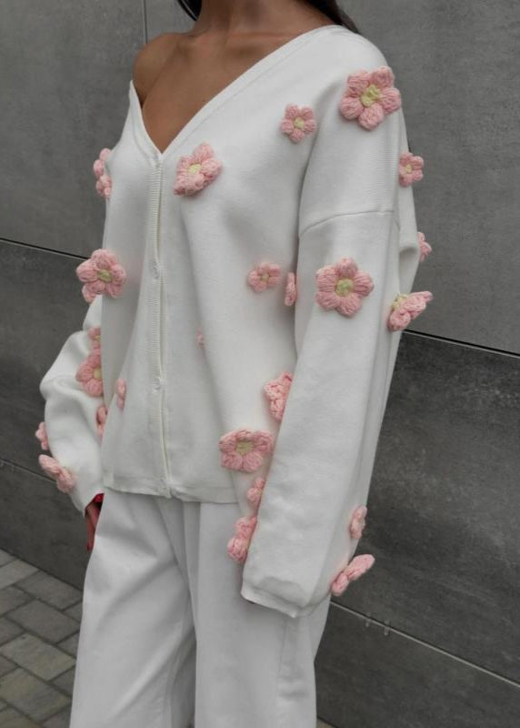 Blush Bloom - 3D Floral Knit Cardigan with V-Neck