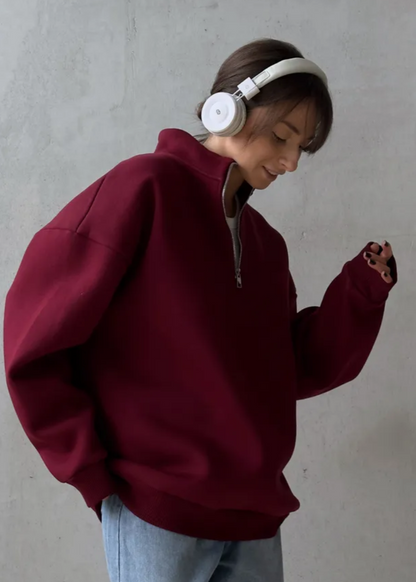 Crimson Chill - Oversized Half-Zip Sweatshirt with High Collar