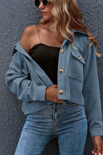 Flap Pockets Turn Down Collar Corduroy Shacket