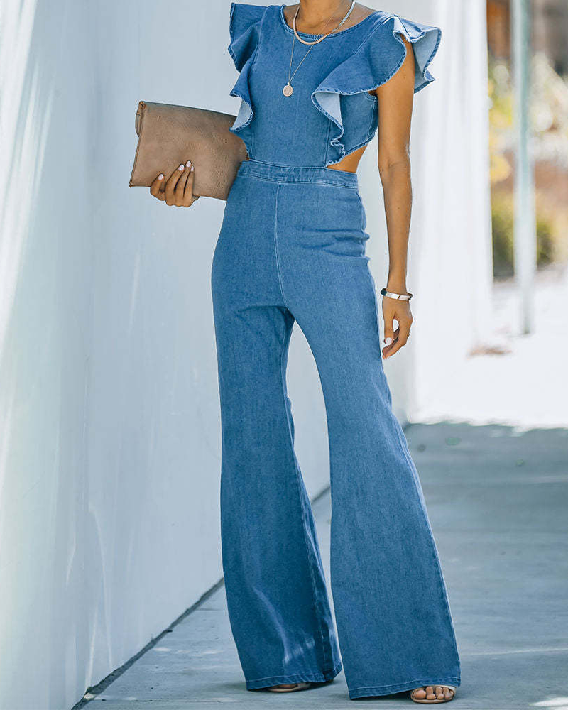 Slim Crewneck Denim Jumpsuit