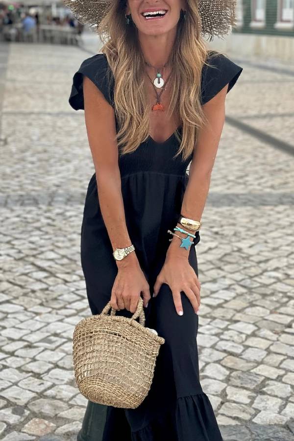 Black V Neck Flutter Sleeve Smocked Bodice High Waist Ruffle Maxi Dress