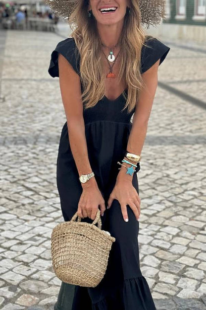 Black V Neck Flutter Sleeve Smocked Bodice High Waist Ruffle Maxi Dress