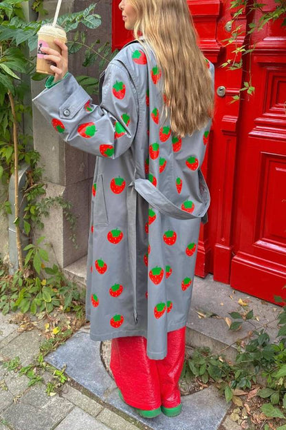 Fashion Fruit Print Long Coat Cherry Trench Coat