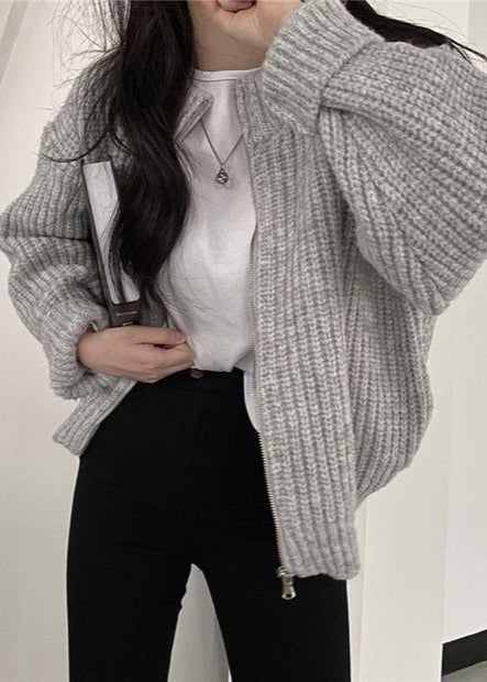 Cozy Zip-Up Chunky Knit Cardigan - Oversized Ribbed Sweater Jacket