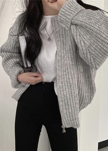Cozy Zip-Up Chunky Knit Cardigan - Oversized Ribbed Sweater Jacket