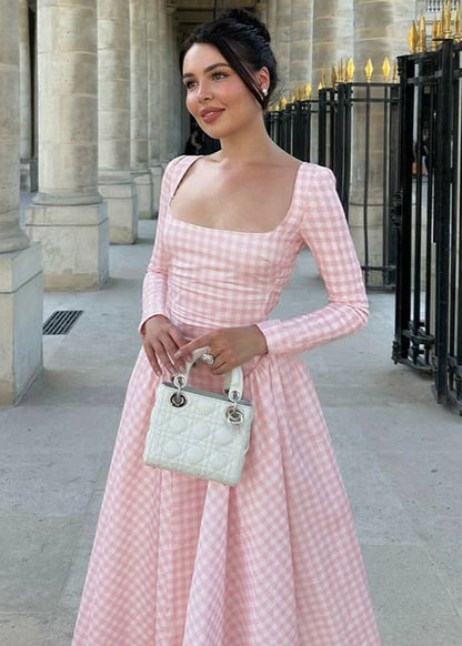 Pink Gingham Long Sleeve Midi Dress – Vintage Square Neck Fit and Flare