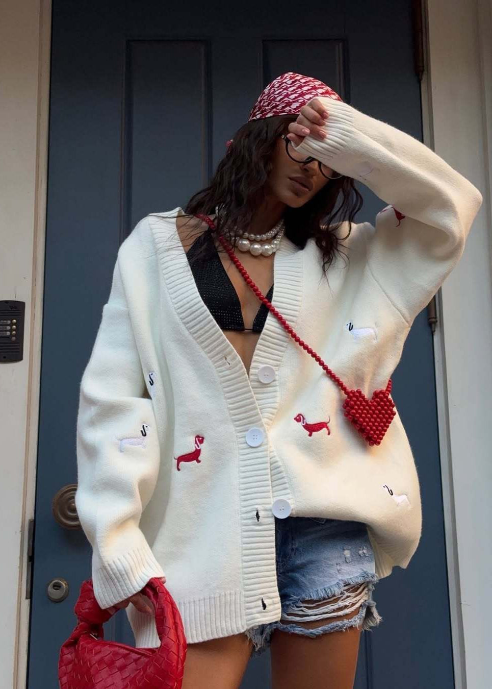 Oversized Dachshund Embroidered Cardigan – Casual Knit Sweater