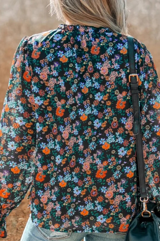 Floral V-Neck Ruffled Sleeve Blouse