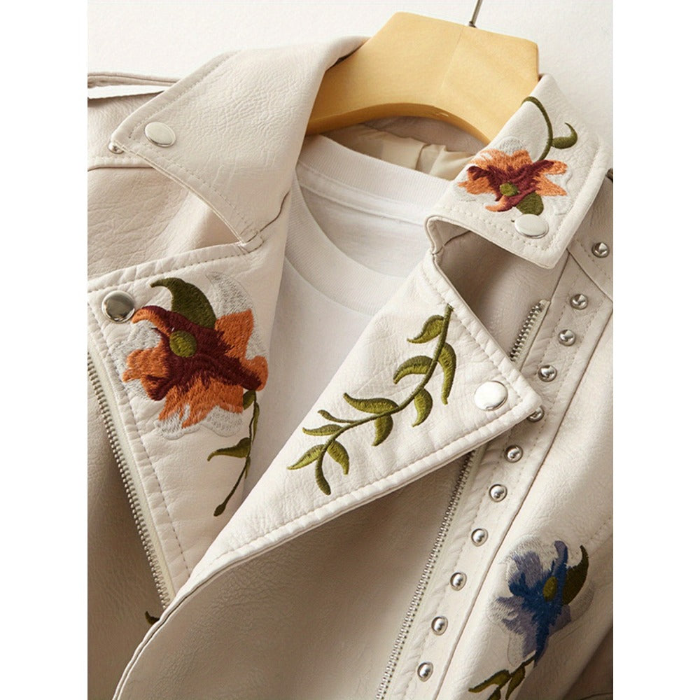 Beige Faux Leather Jacket with Floral Embroidery for Women - Lucrezia