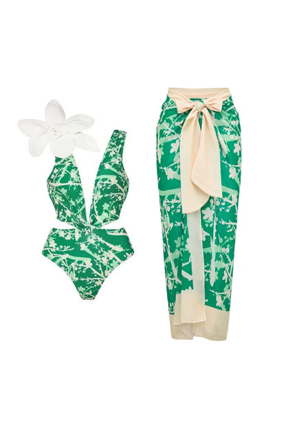 Floral Appliqué Green Printed One-Piece Swimsuit