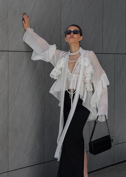 Sierra - Sheer Ruffle Tie-Front Blouse