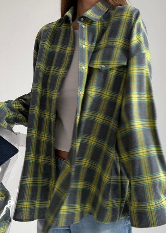 Retro Plaid Loose Shirt - Lapels, Long Sleeve with Pocket