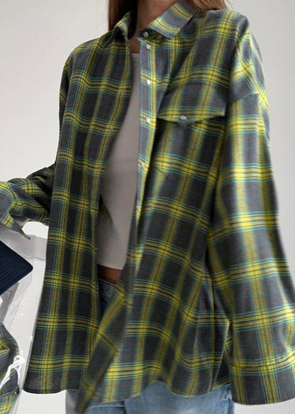 Retro Plaid Loose Shirt - Lapels, Long Sleeve with Pocket