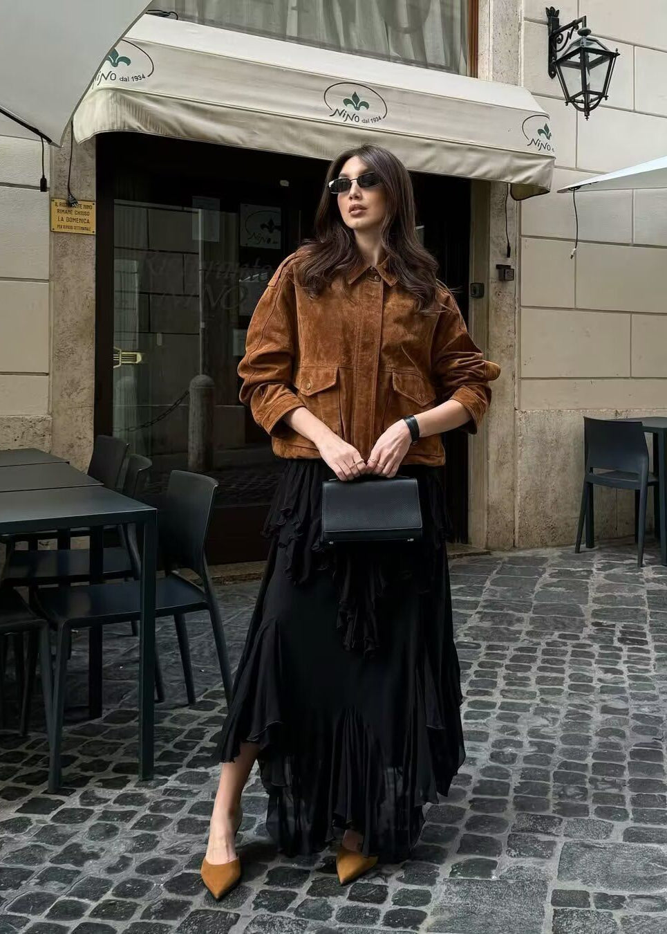 Suede-Effect Oversized Jacket with Front Pockets – Brown