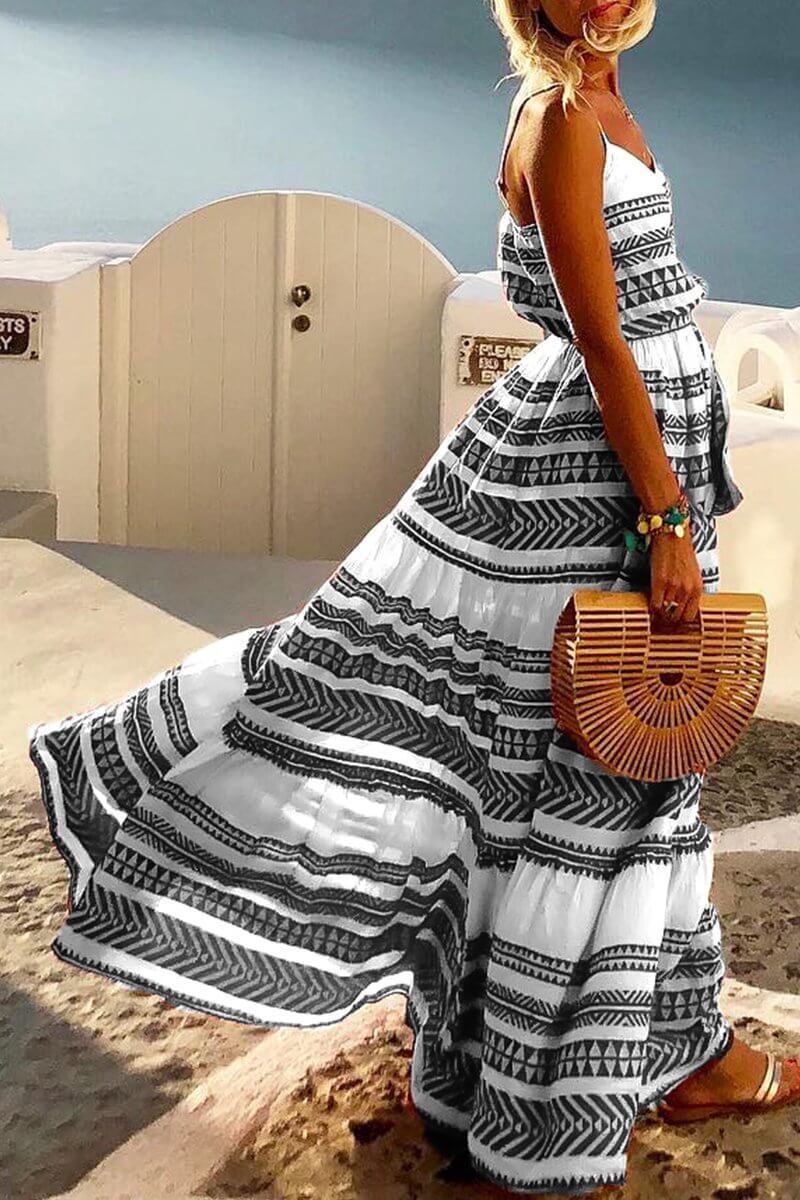 Geometric Printed Loose Ankle Maxi Dress(4 Colors)