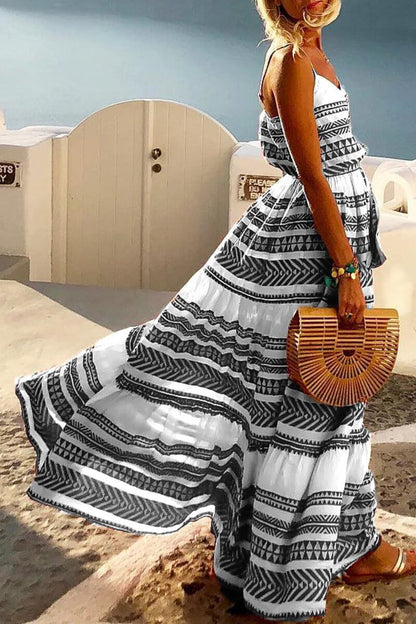 Geometric Printed Loose Ankle Maxi Dress(4 Colors)