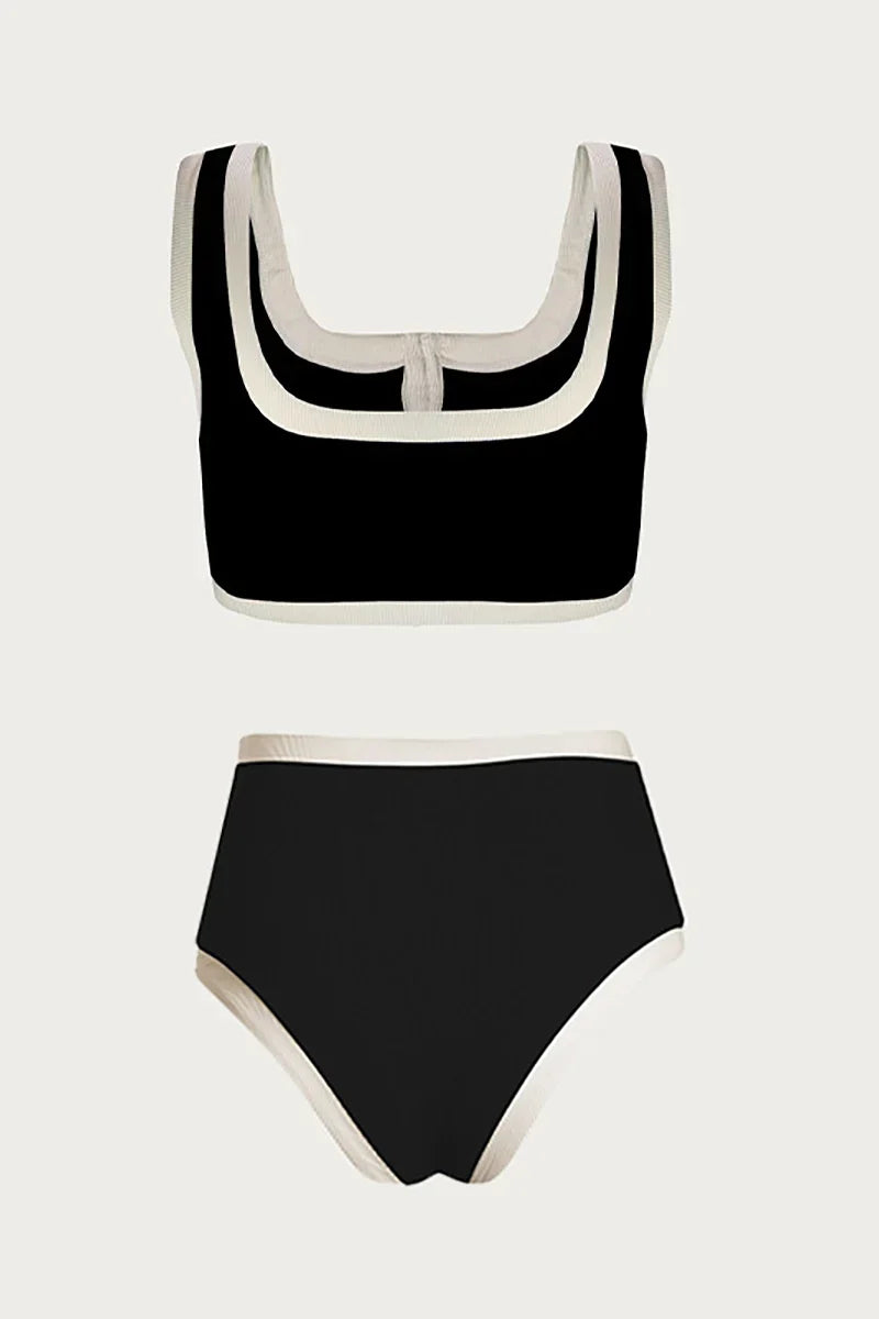 Elegant Contrast Button Detail Two-Piece Swimsuit