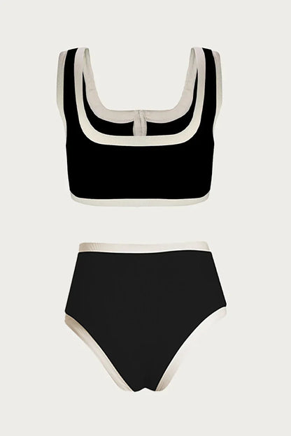 Elegant Contrast Button Detail Two-Piece Swimsuit