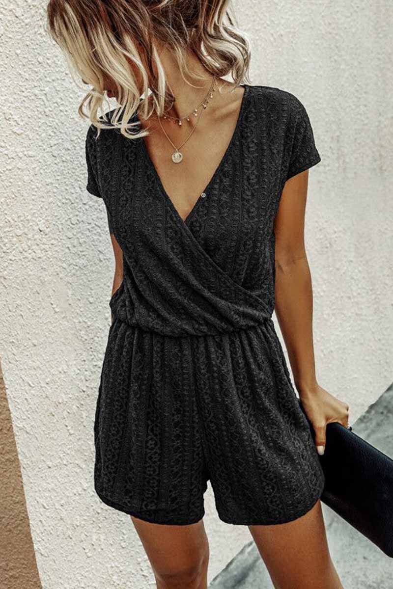 Solid V Neck Short Sleeve Loose Romper
