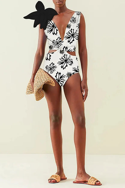 Floral Appliqué Printed White One-Piece Swimsuit