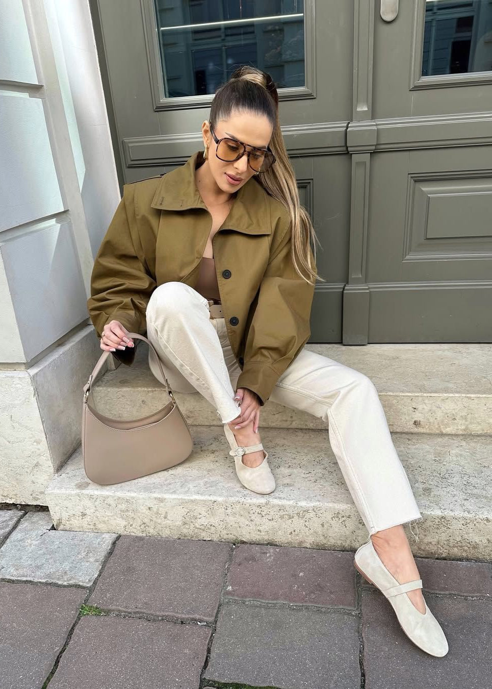 Cropped Button-Up Jacket with Epaulettes – Khaki