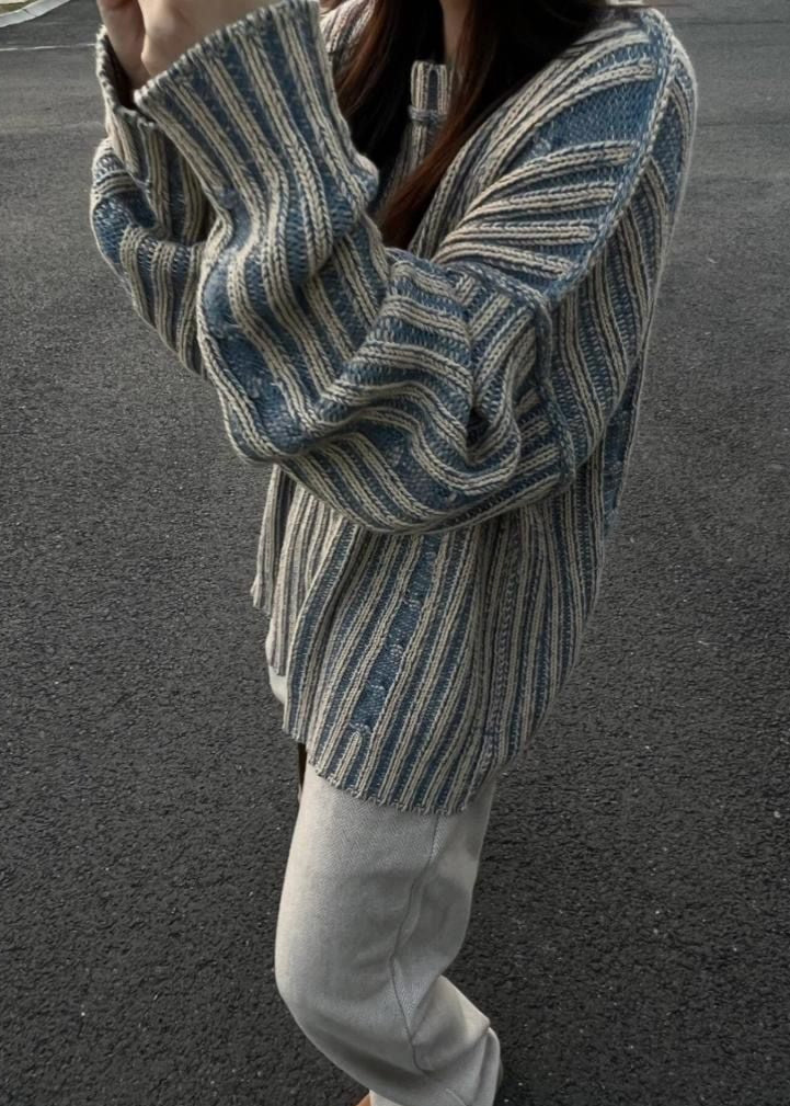 Striped Knit Oversized Sweater - Cozy Long Sleeve Pullover