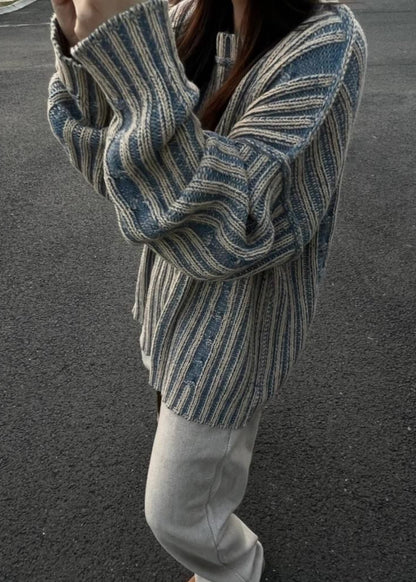 Striped Knit Oversized Sweater - Cozy Long Sleeve Pullover