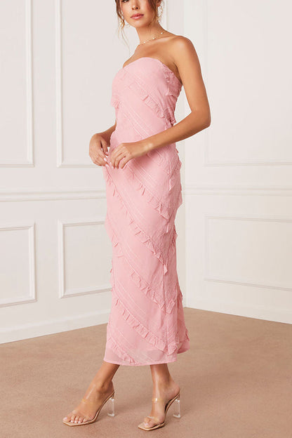 VESTIDO LARGO BAYLIE SIN TIRANTES CON VOLANTES