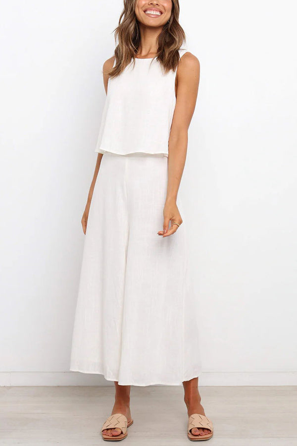 Basic Everyday Round Neck Tank Cropped Wide Leg Jumpsuit