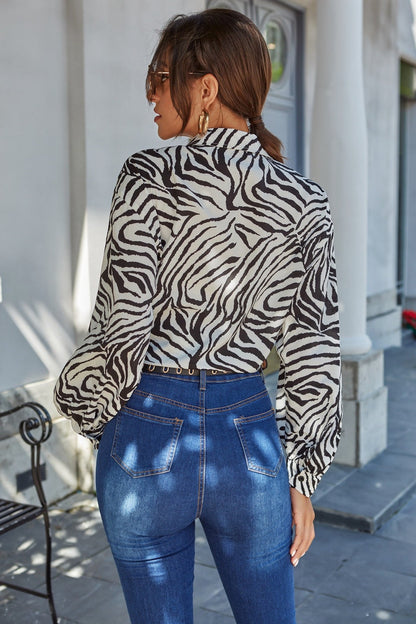 Leopard Print Long Sleeve Chiffon Blouse
