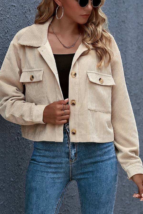 Flap Pockets Turn Down Collar Corduroy Shacket