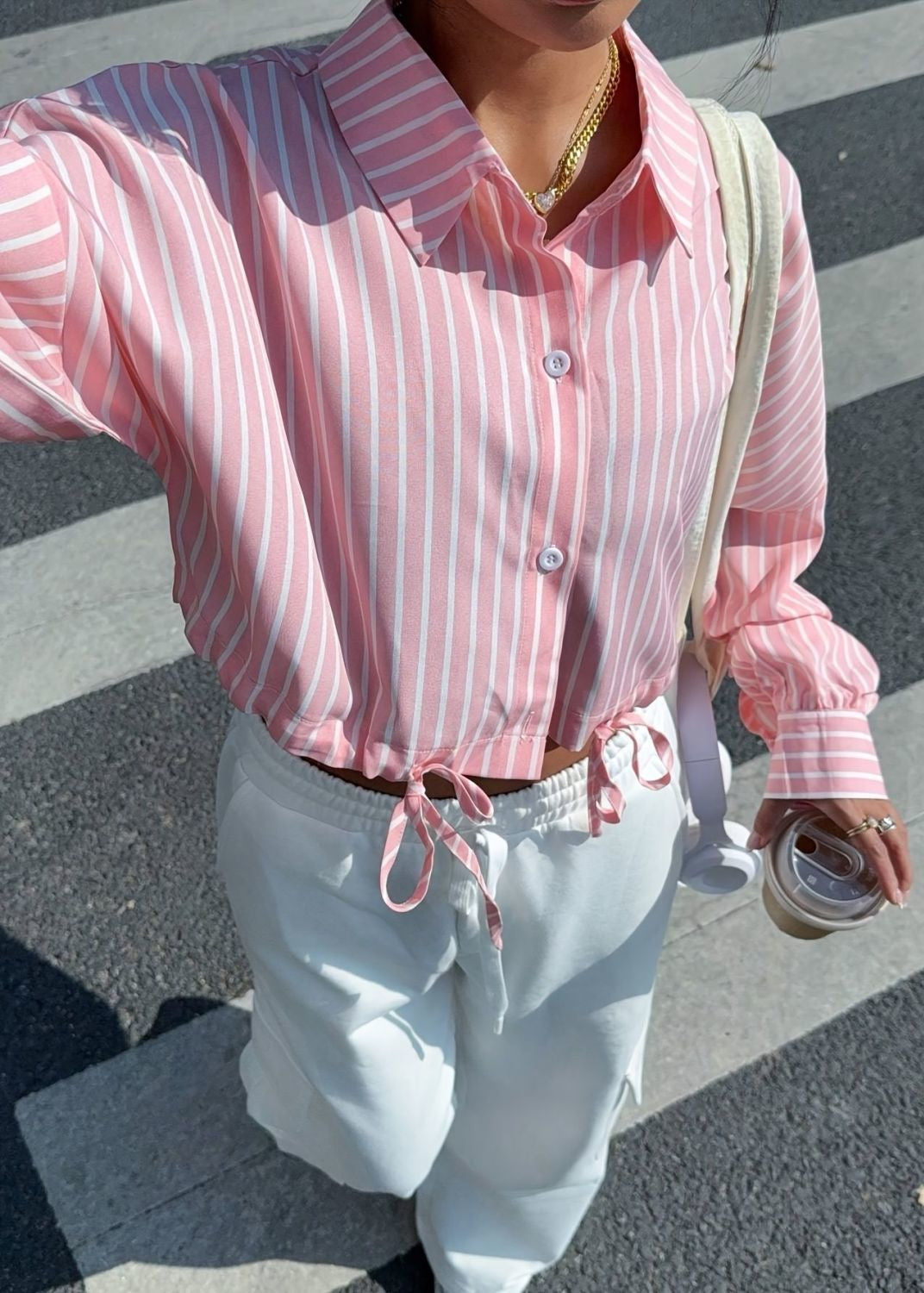 Savina - Striped Button-Up Drawstring Crop Shirt