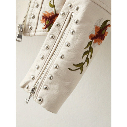 Beige Faux Leather Jacket with Floral Embroidery for Women - Lucrezia