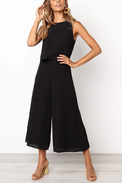 Basic Everyday Round Neck Tank Cropped Wide Leg Jumpsuit
