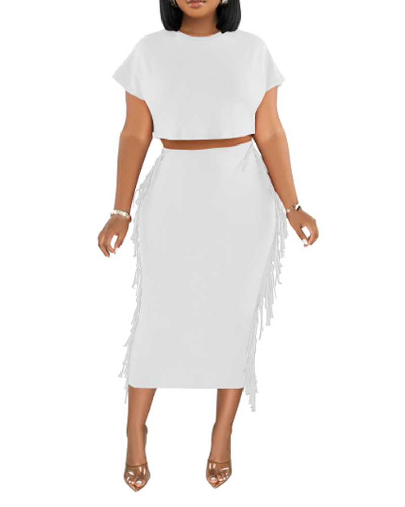 Fringed Crewneck Short-Sleeved Long Skirt Set